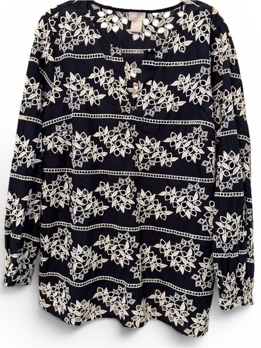 Chico's Navy and White Cutwork Floral Split-Neck Tunic-size 2 (large)